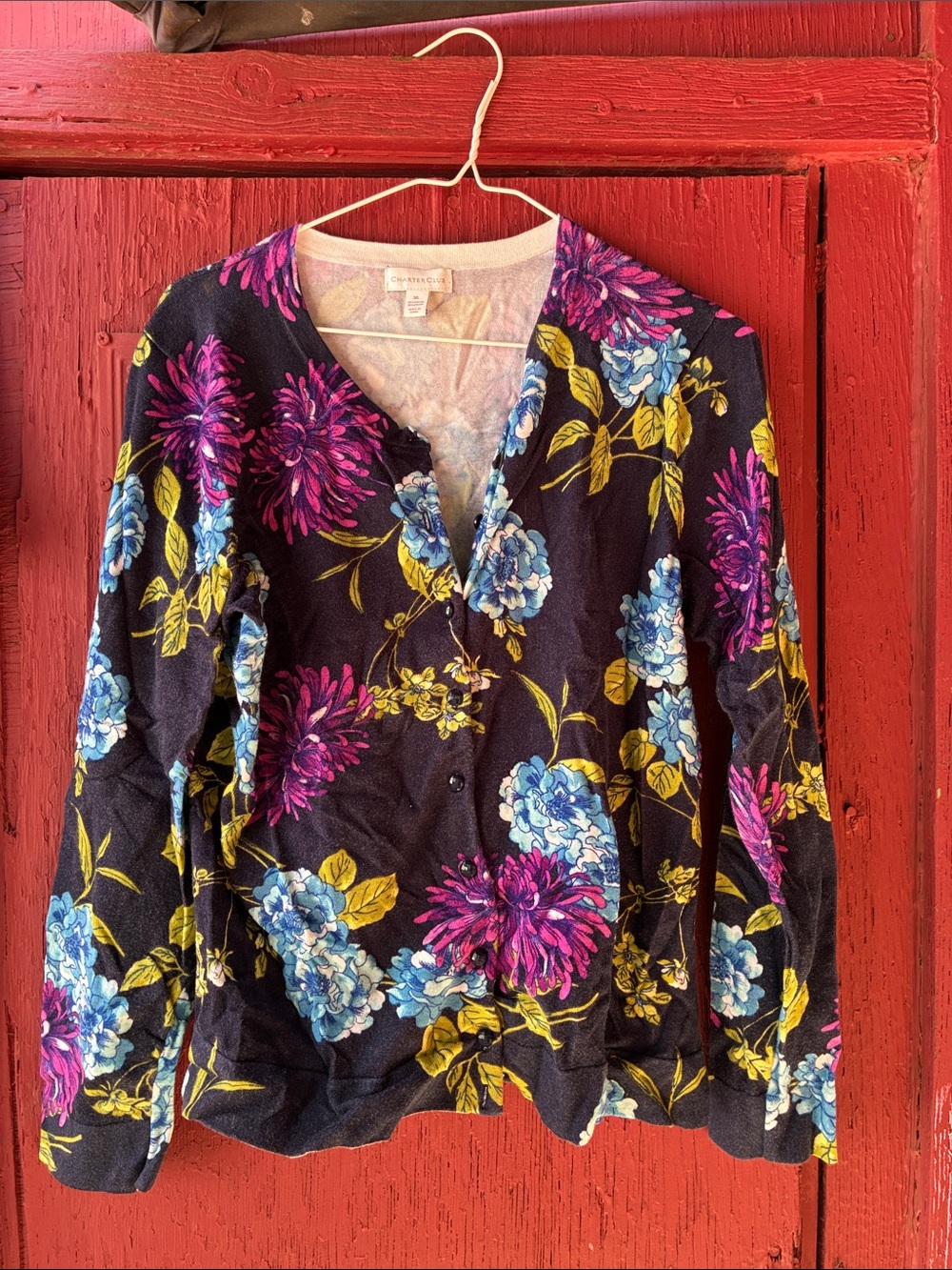 Charter Club Black Floral V-Neck Button Cardigan with Pink & Blue Flowers